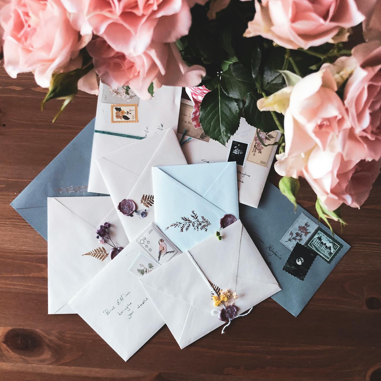 letters and bouquet of flowers