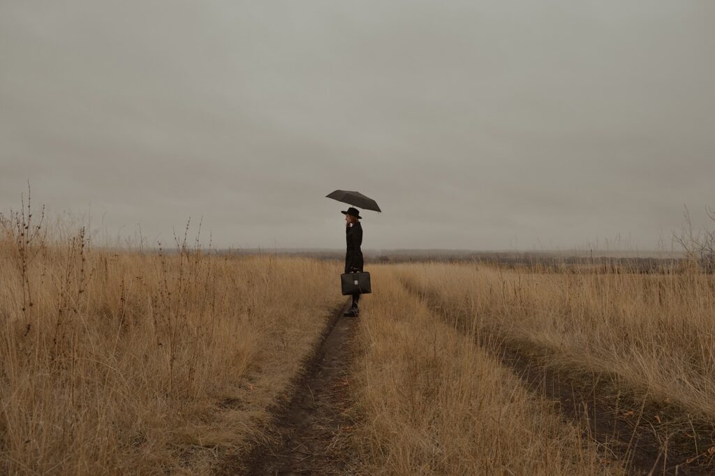 woman, mysterious, field, road, meadow, traveler, umbrella, girl, journey, lonely, sad, melancholy, sadness, depression, despair, to drag, sad girl, frowning, countryside, outdoors, autumn, partly cloudy, gloomily